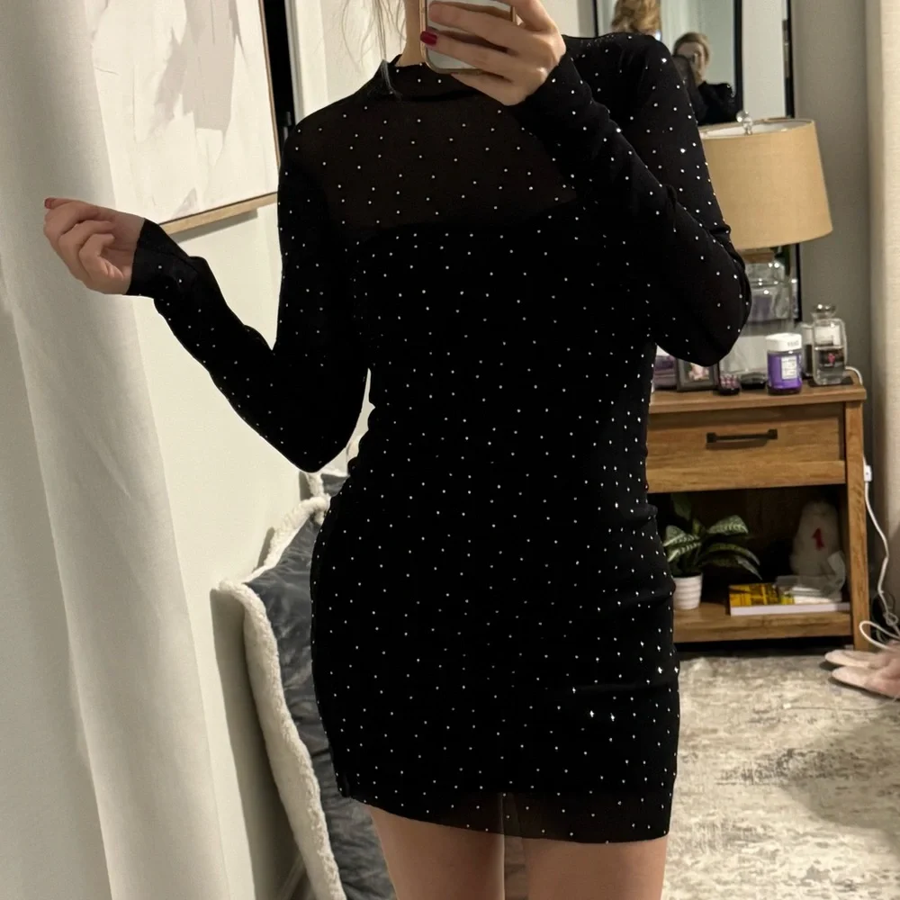 Elegant Black Sheer Bodycon Rhinestone Sparkle Party NYE Holiday Birthday Dress - Picture 3 of 8